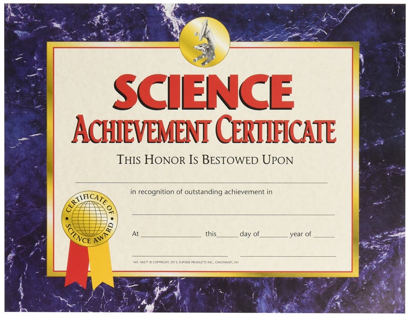 HAYES SCHOOL PUBLISHING VA571 Science Achievement Certificate  8-1/2"" x 11"" Size  0.1"" Height  8.6"" Width  11.1"" Length (Pack of 30)
